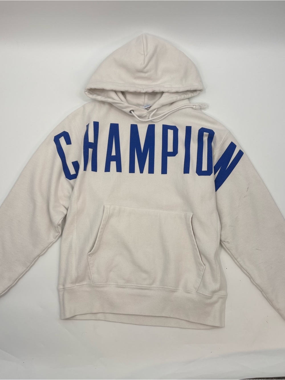 Champion Men’s Cream Hoodie with Bold Blue Chest Logo